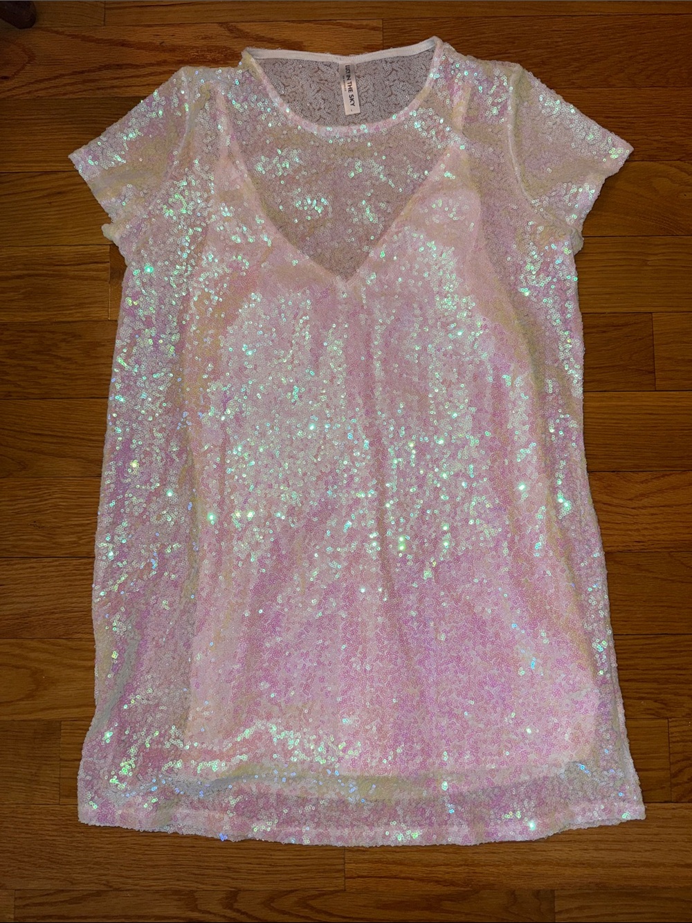 Lucy in the Sky Iridescent Sequin Mini Dress - Pink/White Shimmer Large festival
